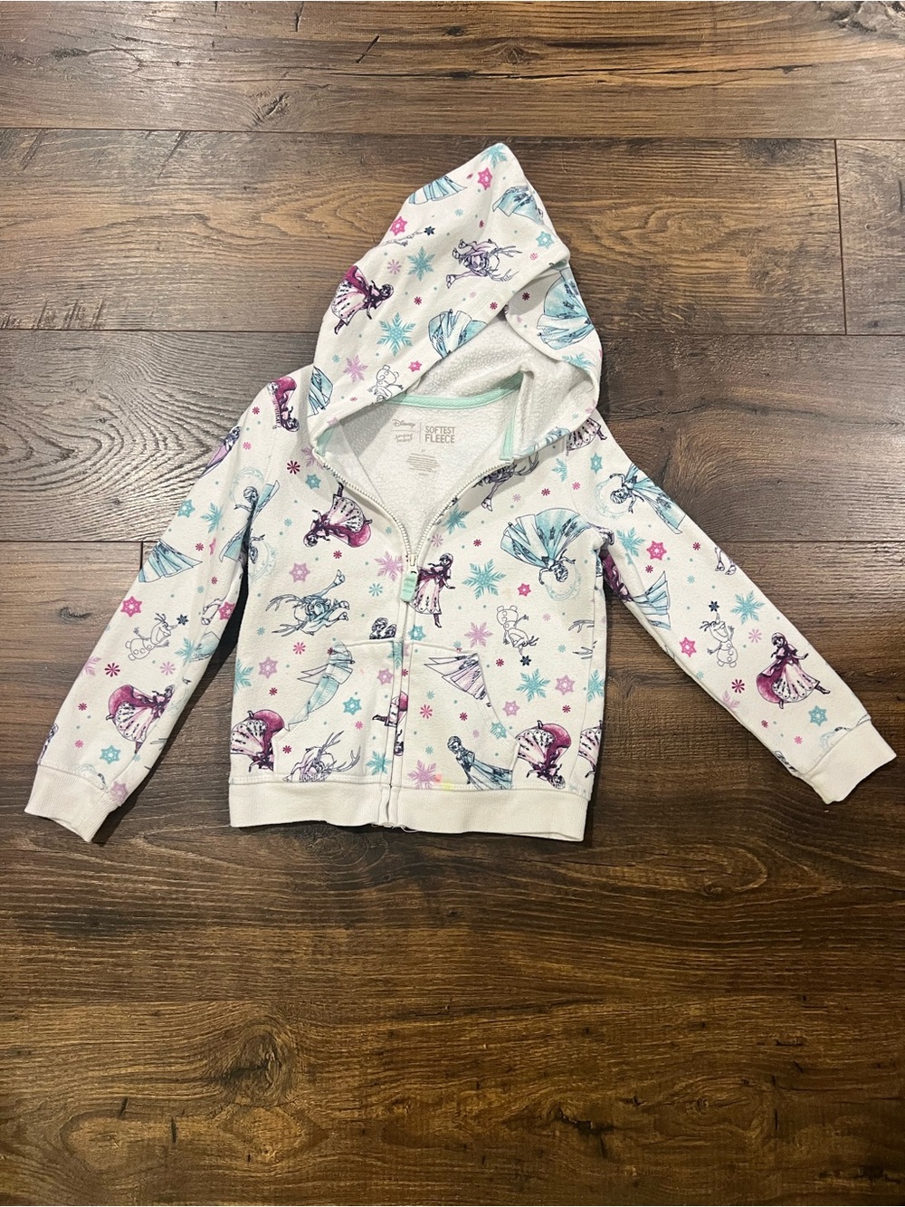 Disney Frozen Girls White Hooded Zip-Up Sweatshirt with Blue & Pink Prints